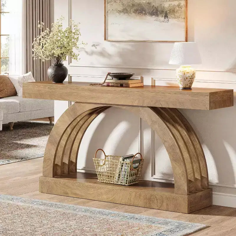 Mesa de entrada Lantine de 63 pulgadas, mesa de sofá de 2 niveles detrás del sofá, consola estrecha de estilo rústico con arco único para pasillo, sala de estar, recibidor, natural