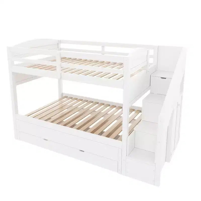 Whisen Twin XL Bunk Bed Frame with Trundle, Bunk Bed with Storage, Bunk Bed with Solid Wood, Storage Staircase, Wardrobe, 3Drawer, for Kids
