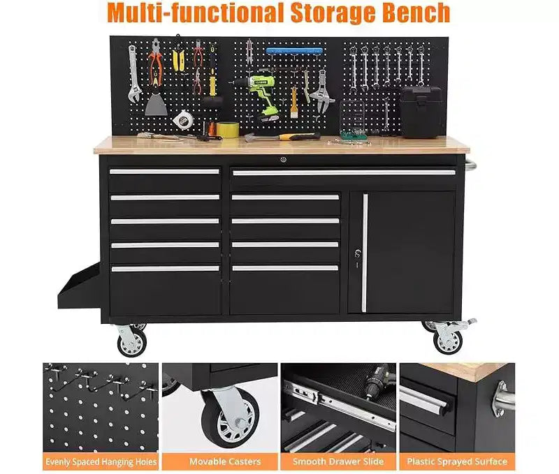 61-Inch 10-Drawer Rolling Tool Chest & Garage Workbench with Power Strip, Solid Rubber Wood Top, 1675 LBS Load Heavy Duty Mobile Workstation Cabinet