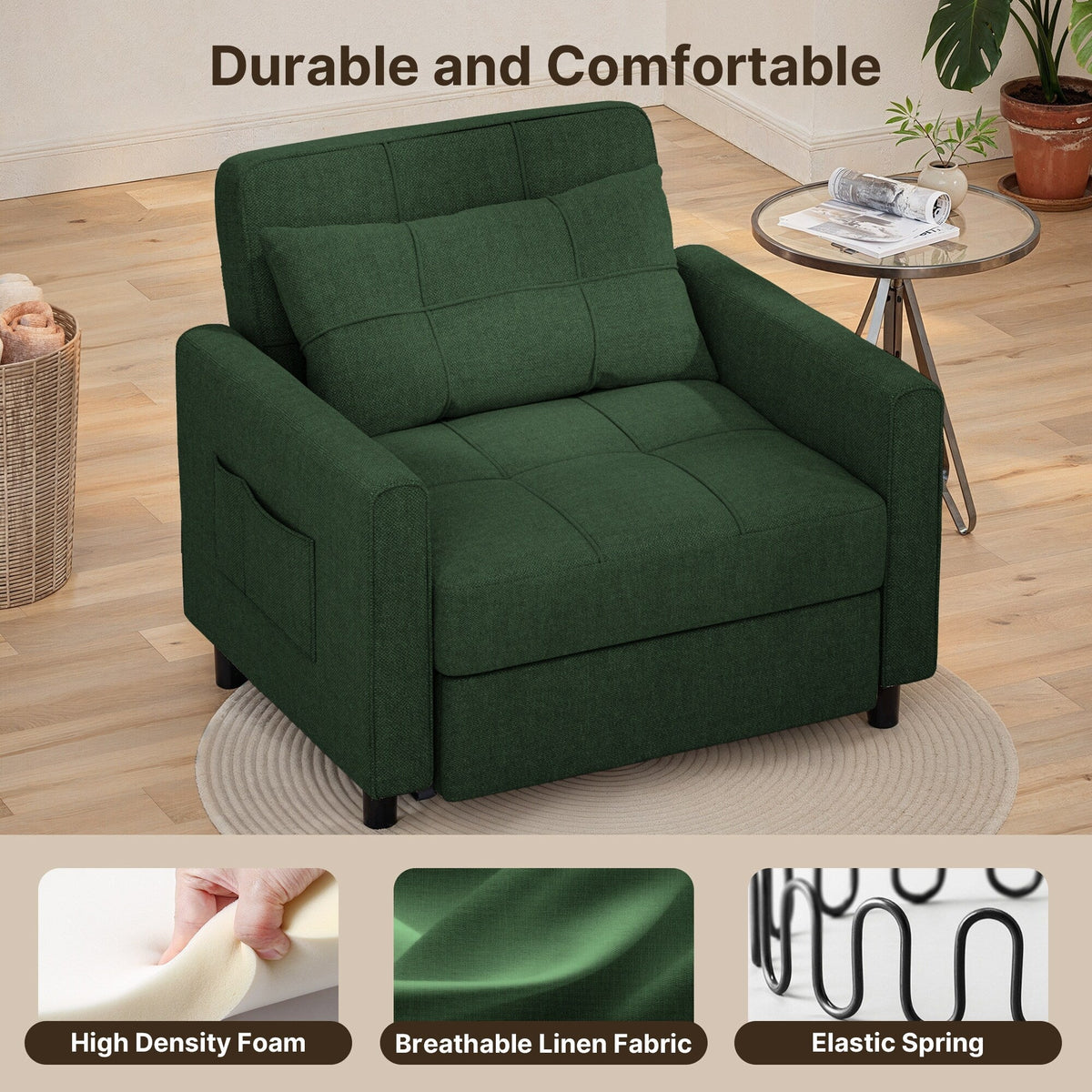 3-in-1-Schlafsofa mit verstellbarer Rückenlehne, ausziehbarer Sessel, umwandelbares Klappbett fürs Wohnzimmer