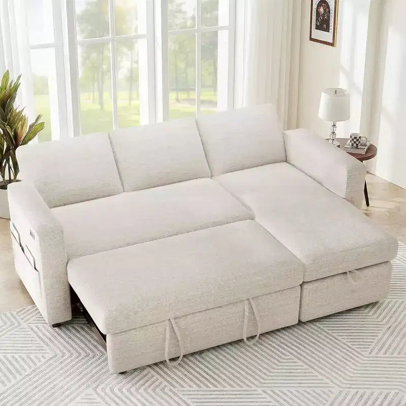 2-in-1-Ausziehsofa mit Stauraum und Ottomane, Chenille-Ecksofa mit USB-Anschlüssen für das Wohnzimmer