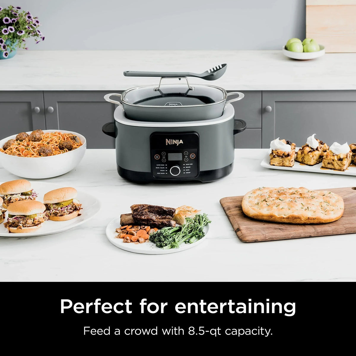 8.5 Quart Multi-Cooker, with 8-in-1 Slow Cooker, Dutch Oven, Steamer, Glass Lid, Integrated Spoon, Oven Safe Pot to 500F