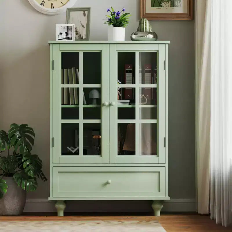 Storage Cabinets, Wooden Floor Cabinet with 1 Drawer and 2 Glass Doors, Farmhouse Sideboard Buffet Cabinet with Storage for Living Room