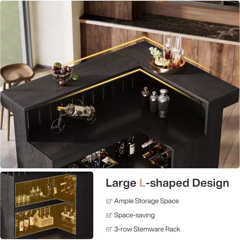 Lantine L-vormige thuisbar, hoekbar met 4 niveaus, dranktafel met opbergplanken en wijnglashouder voor de thuisbar