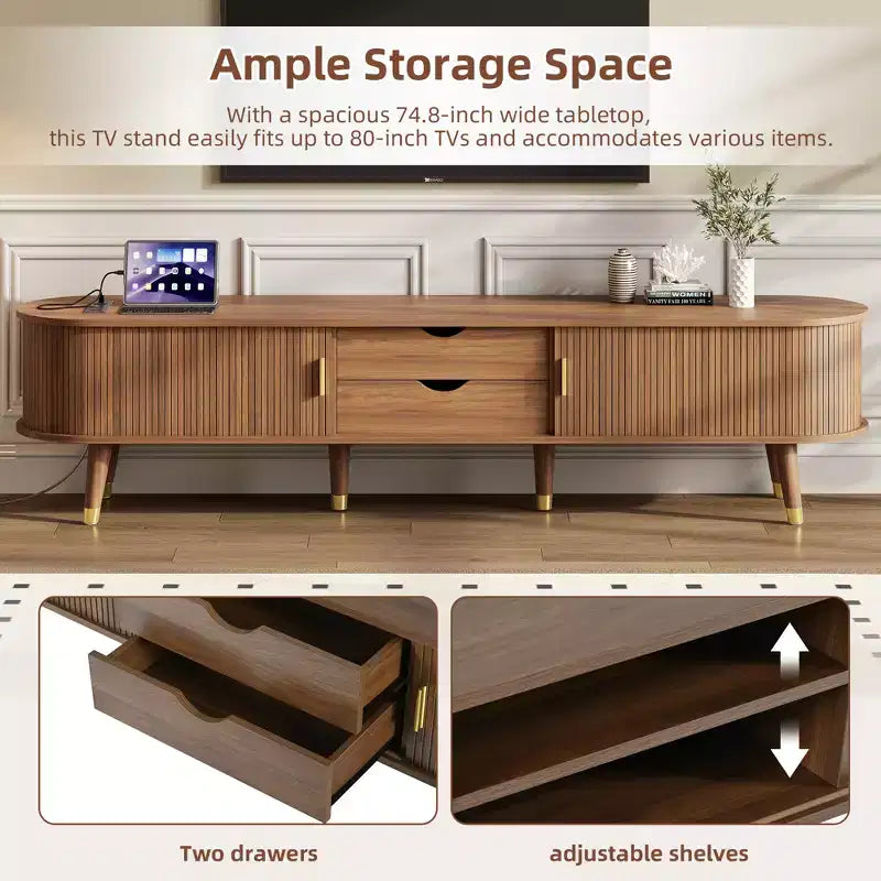 CLIHOME TV-Schrank und Couchtisch-Set aus Holz im Landhausstil mit Ladestation, ovale geriffelte Medienkonsole für Fernseher bis zu 80