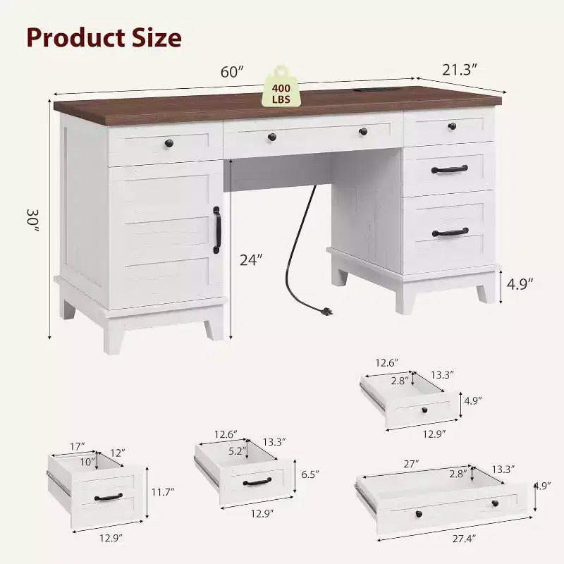 Bureau de direction de 60 po avec tiroirs, bureau à domicile avec station de recharge, bureau d’ordinateur et d’écriture en bois pour étude, table de conférence pour salon