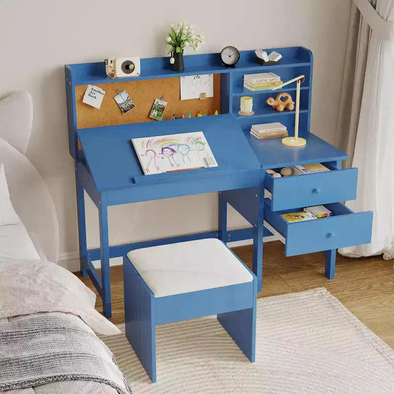 Bureau- en stoelset voor kinderen, houten studeertafel met verstelbaar gekanteld bureaublad, laden en prikbord - school- en leerbureau voor kinderen