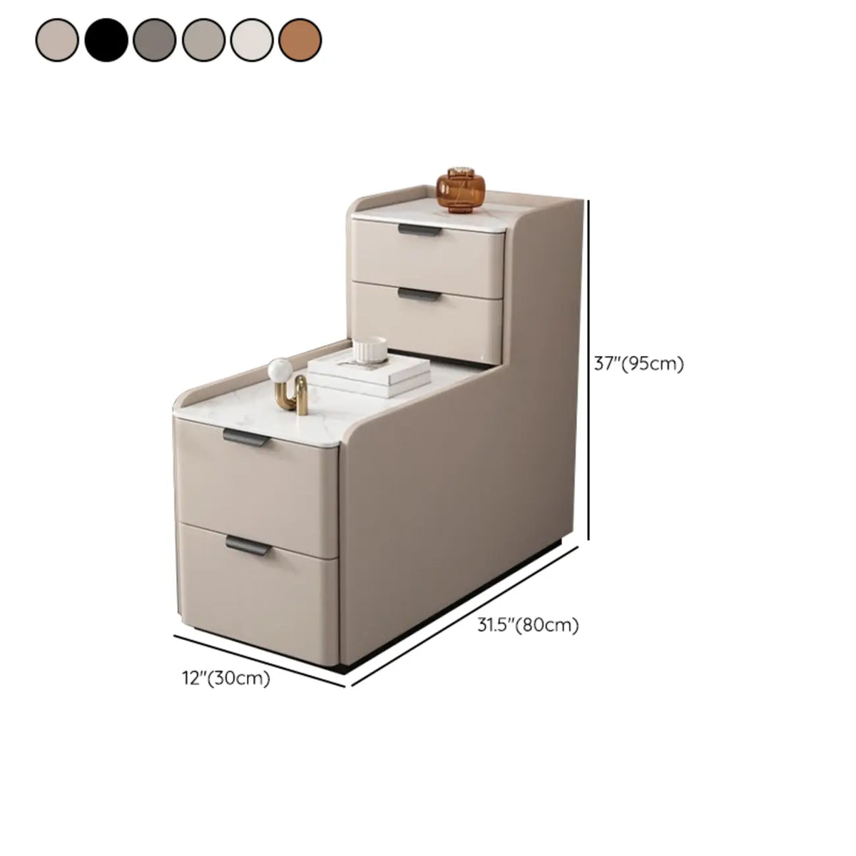 Tavolino laterale alto per divano, in legno a forma di L, con 4 cassetti e piano effetto pietra