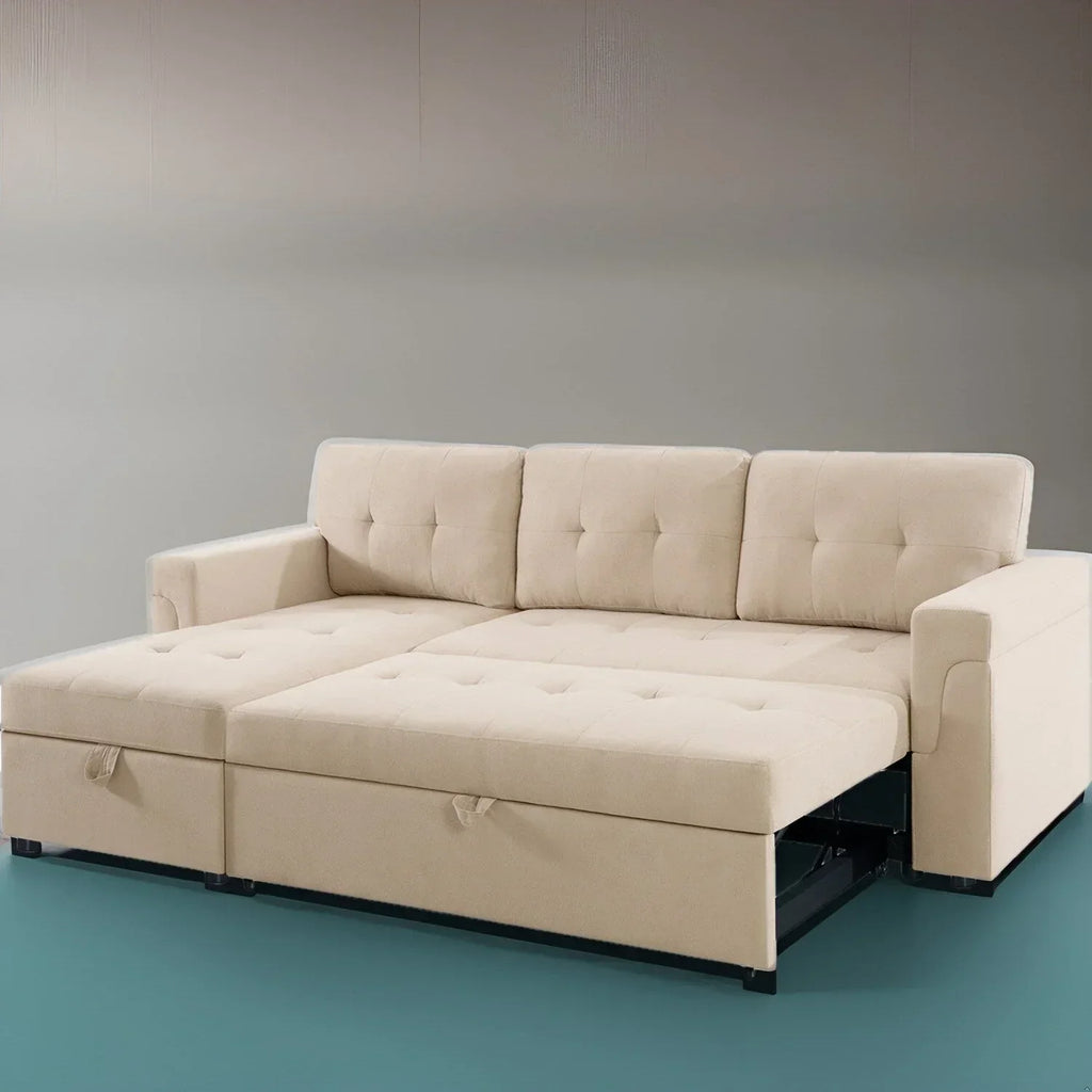 Divano componibile reversibile trasformabile con letto estraibile, chaise longue con contenitore nascosto e gambe resistenti