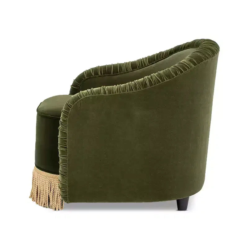 Jennifer Taylor Home Serena 31.5 Ruched Barrel Back Accent Arm Chair with Bullion Fringe, Olive Green Performance Velvet