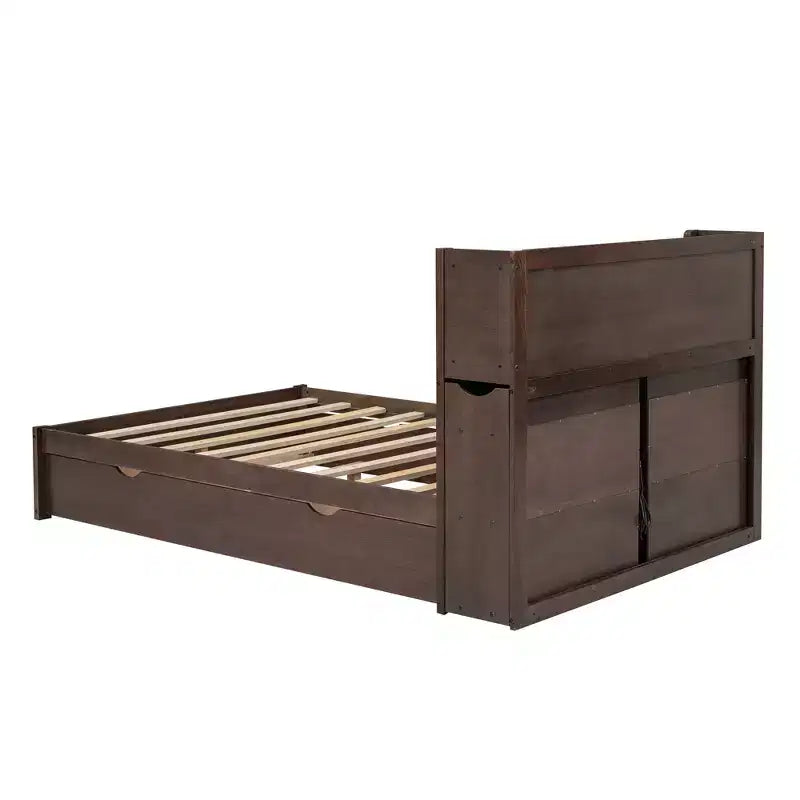 Eenpersoons platformbed met opbergruimte, uitschuifbed, boekenkasthoofdbord en oplaadstation, houten bedframe met planken en laden
