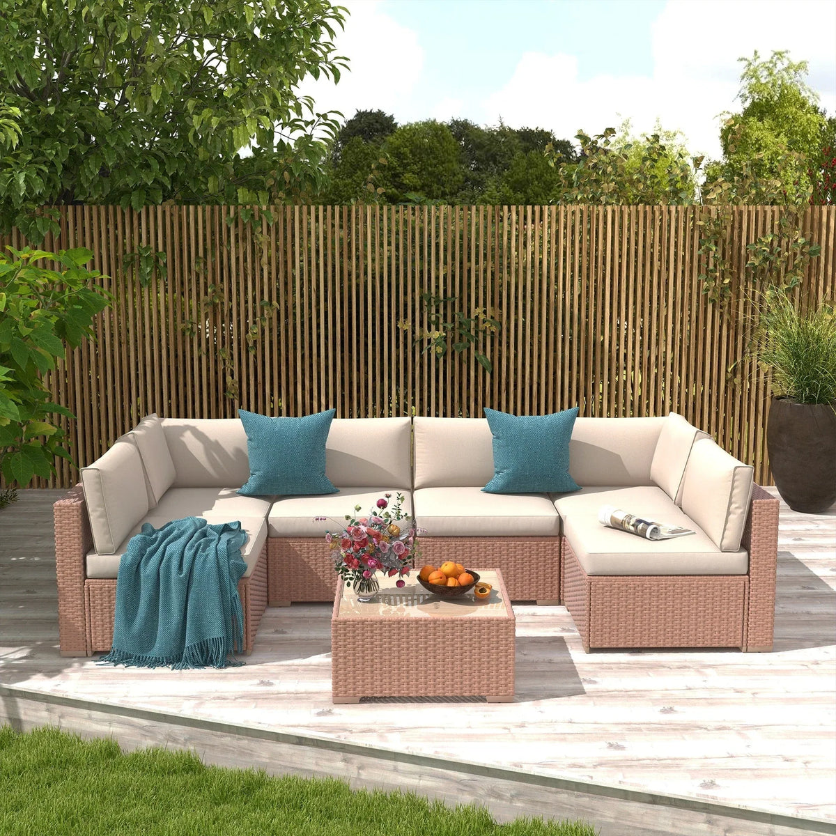 7-teiliges Outdoor-Sitzgruppen-Set aus Korbgeflecht und Stahl mit Polsterung