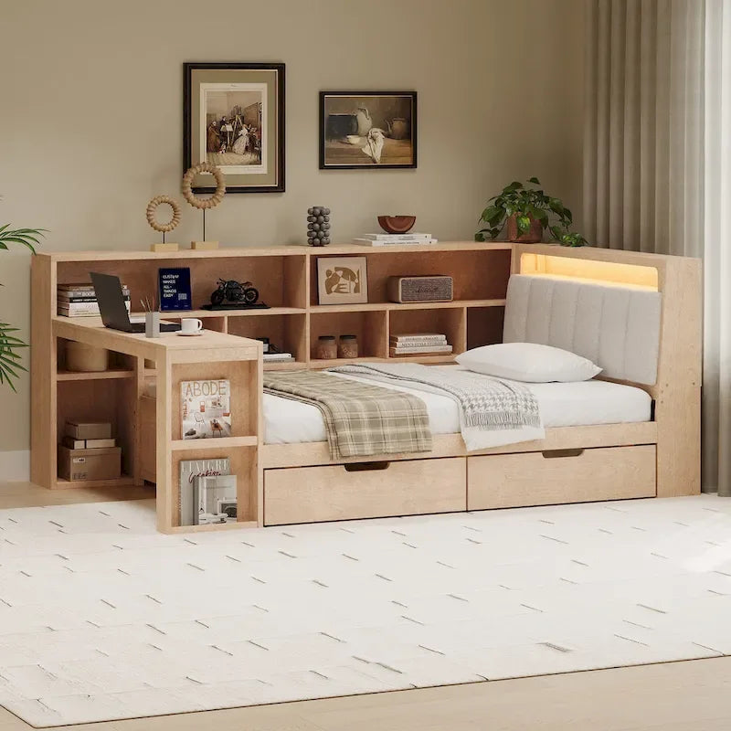 L-förmiges Holz-Sofa-Tagesbett mit Schreibtisch, Bücherregal-Schrank, Eckbett mit Schubladen unter dem Bett, gepolstertem Kopfteil und integrierter Beleuchtung