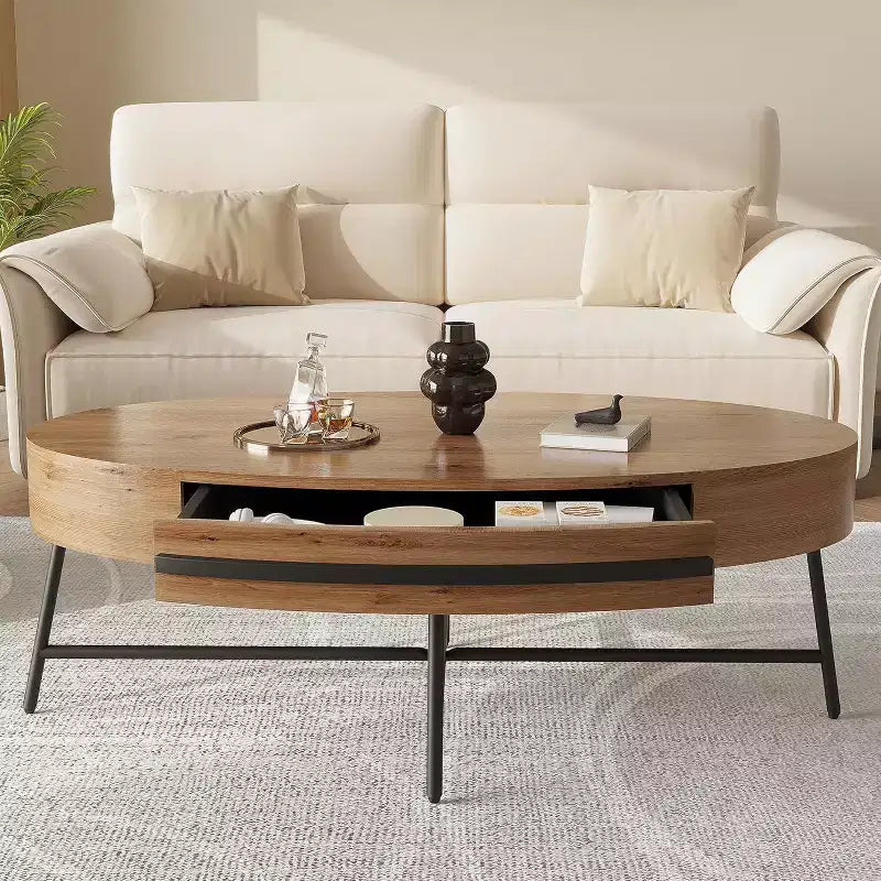 Acekool Oval Coffee Table with Drawer, 47.2 Wooden Storage Table with Cross Metal Legs  Mid-Century Modern Center Table in Natural & Golden Willow