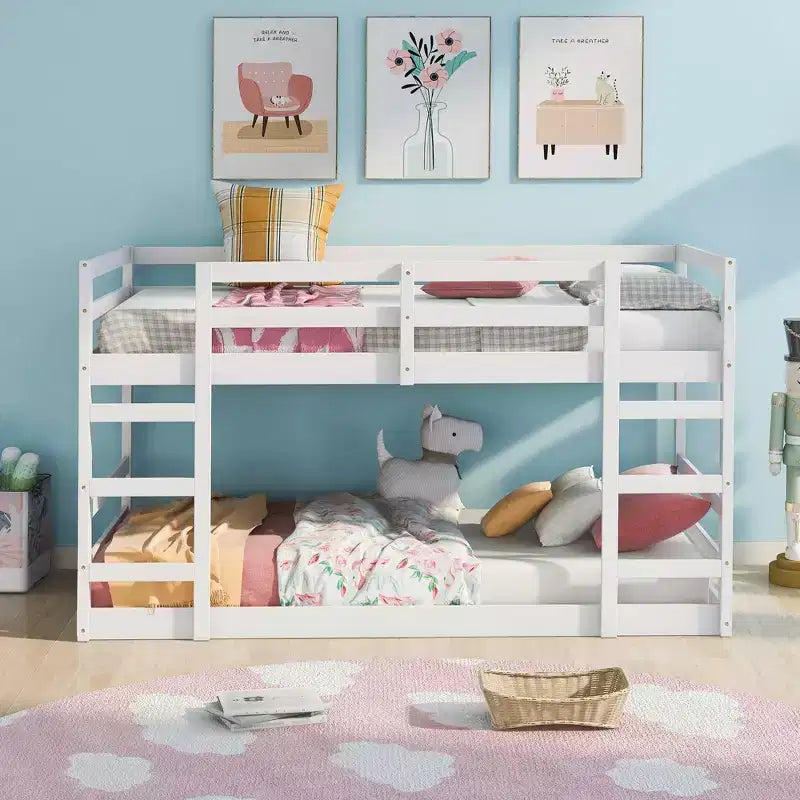 Low Bunk Bed , Wooden Floor Bunk Bed with Ladder, Bunk Bed with Full Guardrails