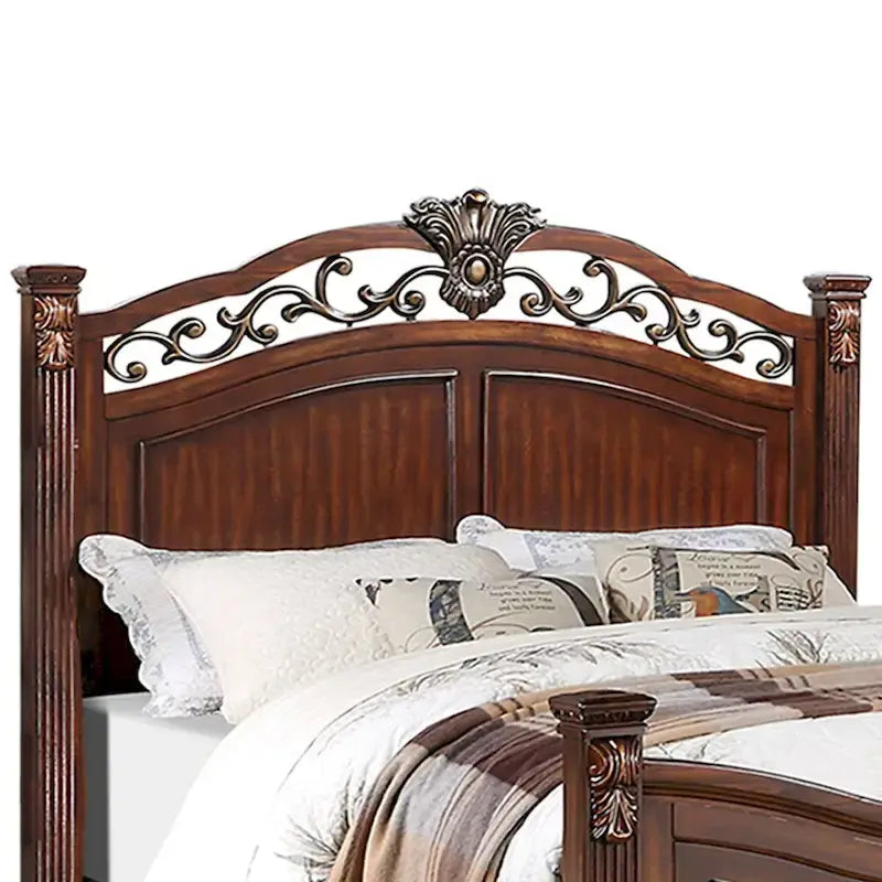 Lit en bois avec tête de lit ouvragée, coloris cerisier foncé