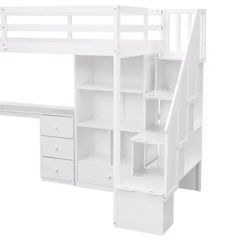 Twin Size Loft Bed with L-Shaped Desk, 3 Drawers, Cabinet, Staircase Storage, Solid Pine/MDF Build