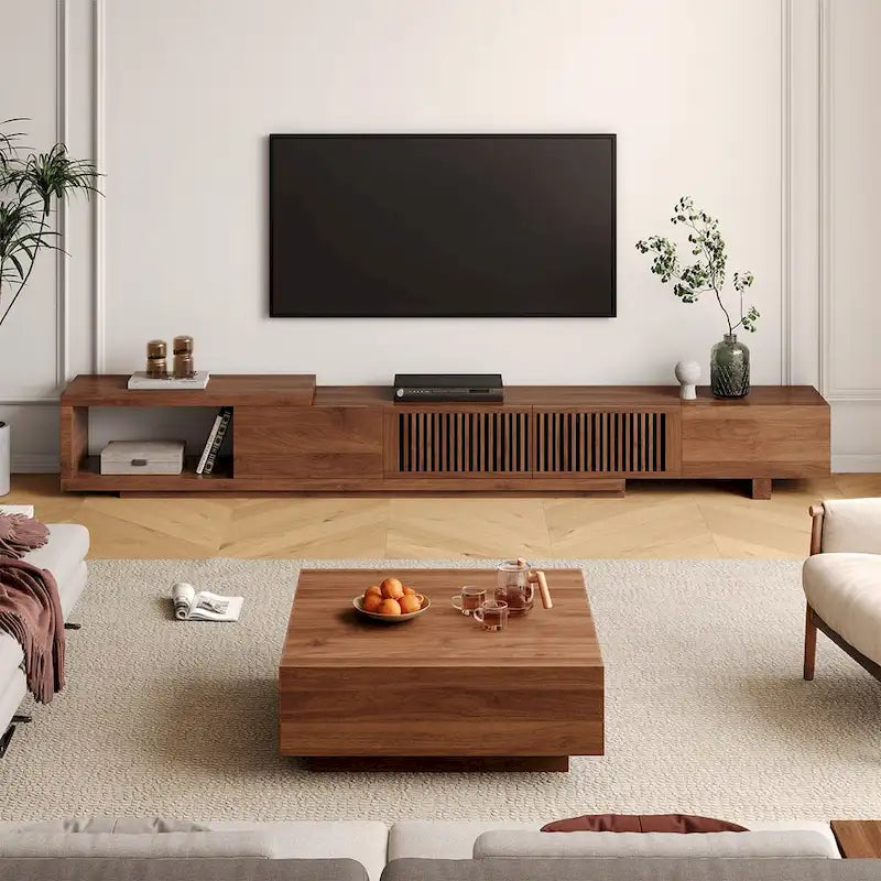 Meuble TV moderne rétractable et extensible avec 4 tiroirs, jusqu’à 103 pouces – 78.54P x 15.74L x 13.78H