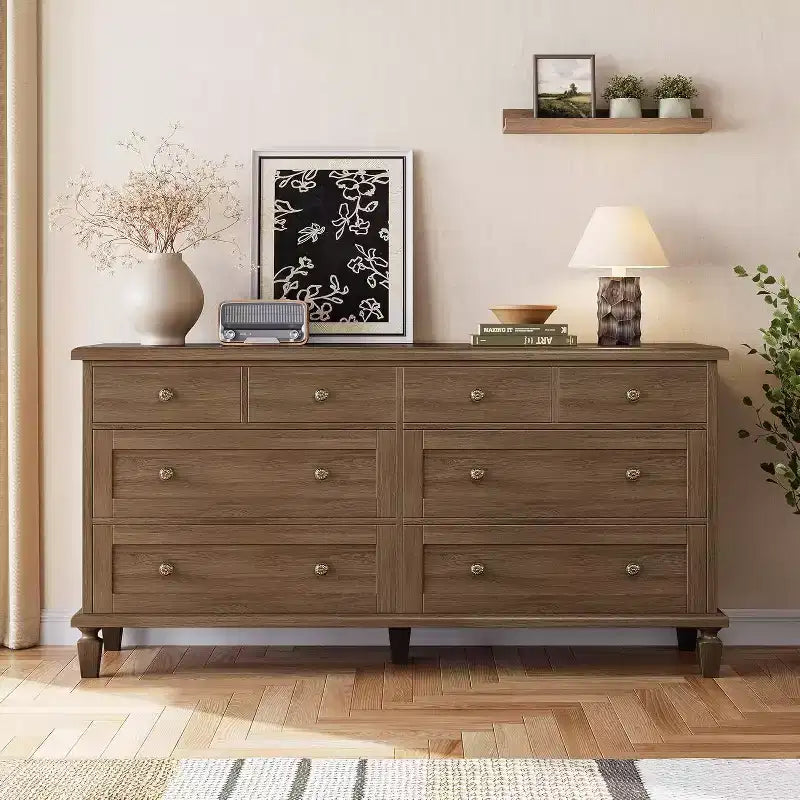 8 Drawer Dresser for Bedroom, Vintage 59 Dresser TV Stand with Carved Handles and Tapered Legs, Wood Chests of Drawers with Large Capacity Storage