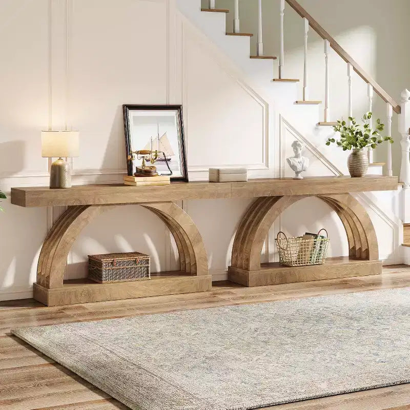 Mesa de entrada Lantine de 63 pulgadas, mesa de sofá de 2 niveles detrás del sofá, consola estrecha de estilo rústico con arco único para pasillo, sala de estar, recibidor, natural