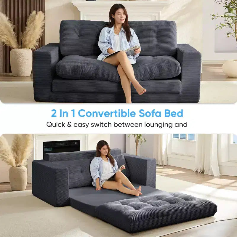 Mjkone 71'' 2-in-1 Convertible Futon Sofa Bed, Corded Fabric Foldable Tufted Buttons Loveseat Sleeper Sofa,Space-Saving