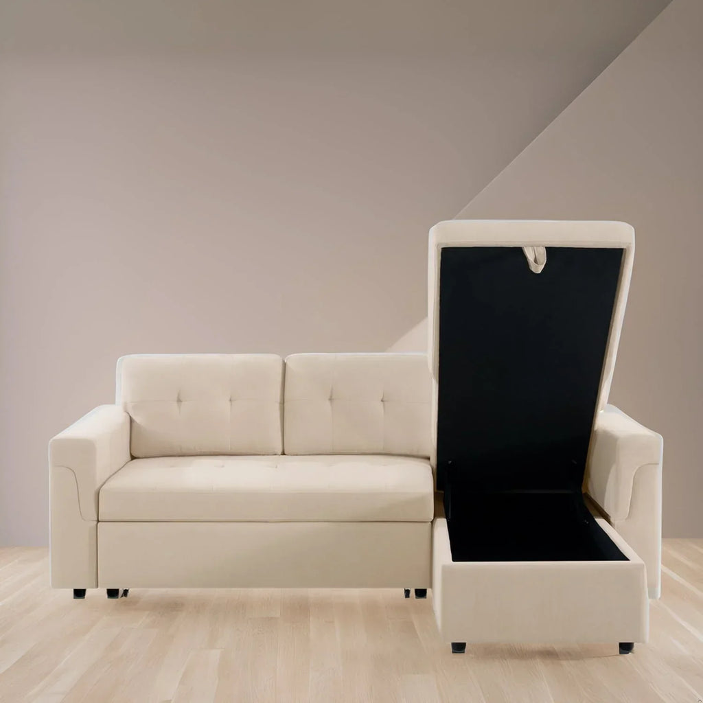 Divano componibile reversibile trasformabile con letto estraibile, chaise longue con contenitore nascosto e gambe resistenti