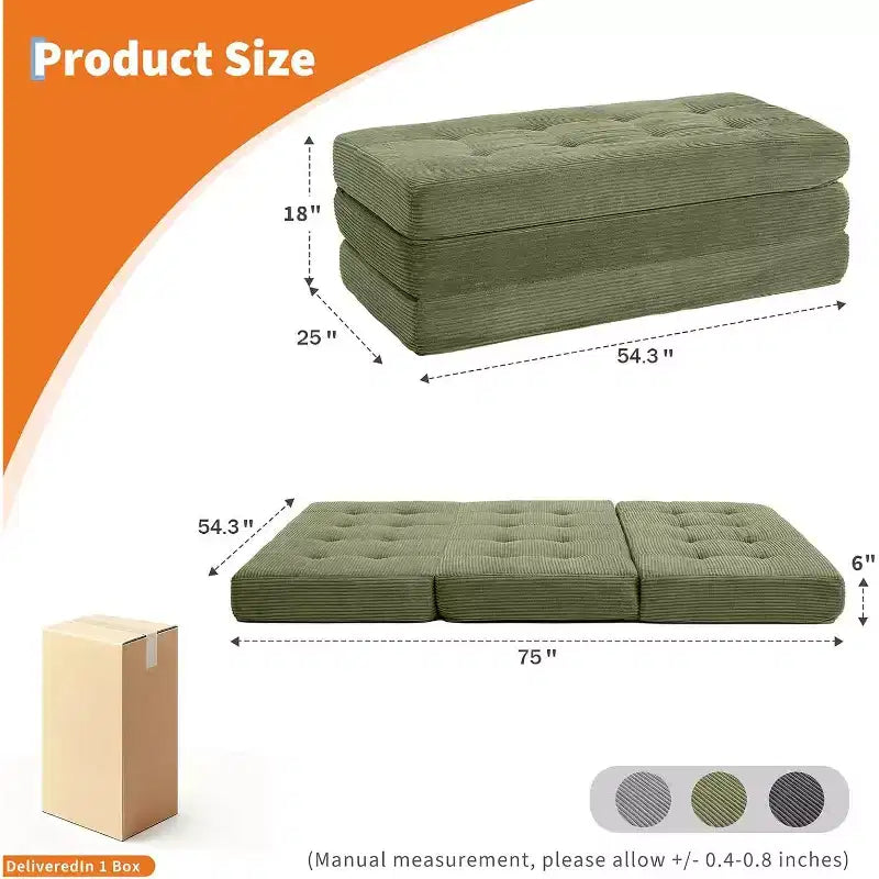 SunnyFurn 15,2 cm dreifach faltbares Matratzen-Sofa-Bett, 190,5 x 138 cm großes faltbares Schaumstoff-Gästebett mit Cordbezug und Knopfsteppung, tragbar für Camping, Wohnzimmer und Schlafzimmer