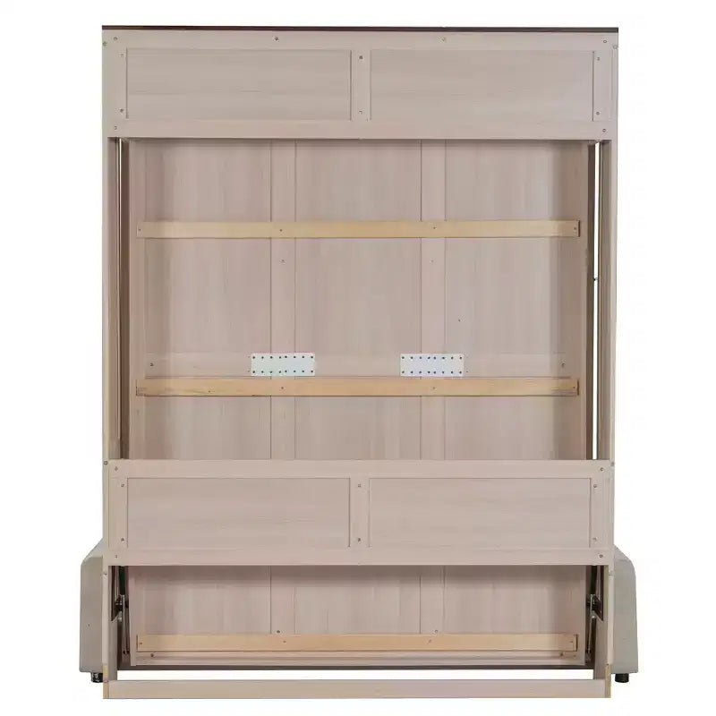 Murphy-bed in queensize met bank, houten kastbed in queensize met ledverlichting, opklapbaar wandbed voor de logeerkamer, beige