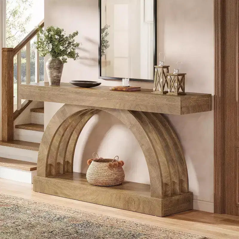 Mesa de entrada Lantine de 63 pulgadas, mesa de sofá de 2 niveles detrás del sofá, consola estrecha de estilo rústico con arco único para pasillo, sala de estar, recibidor, natural