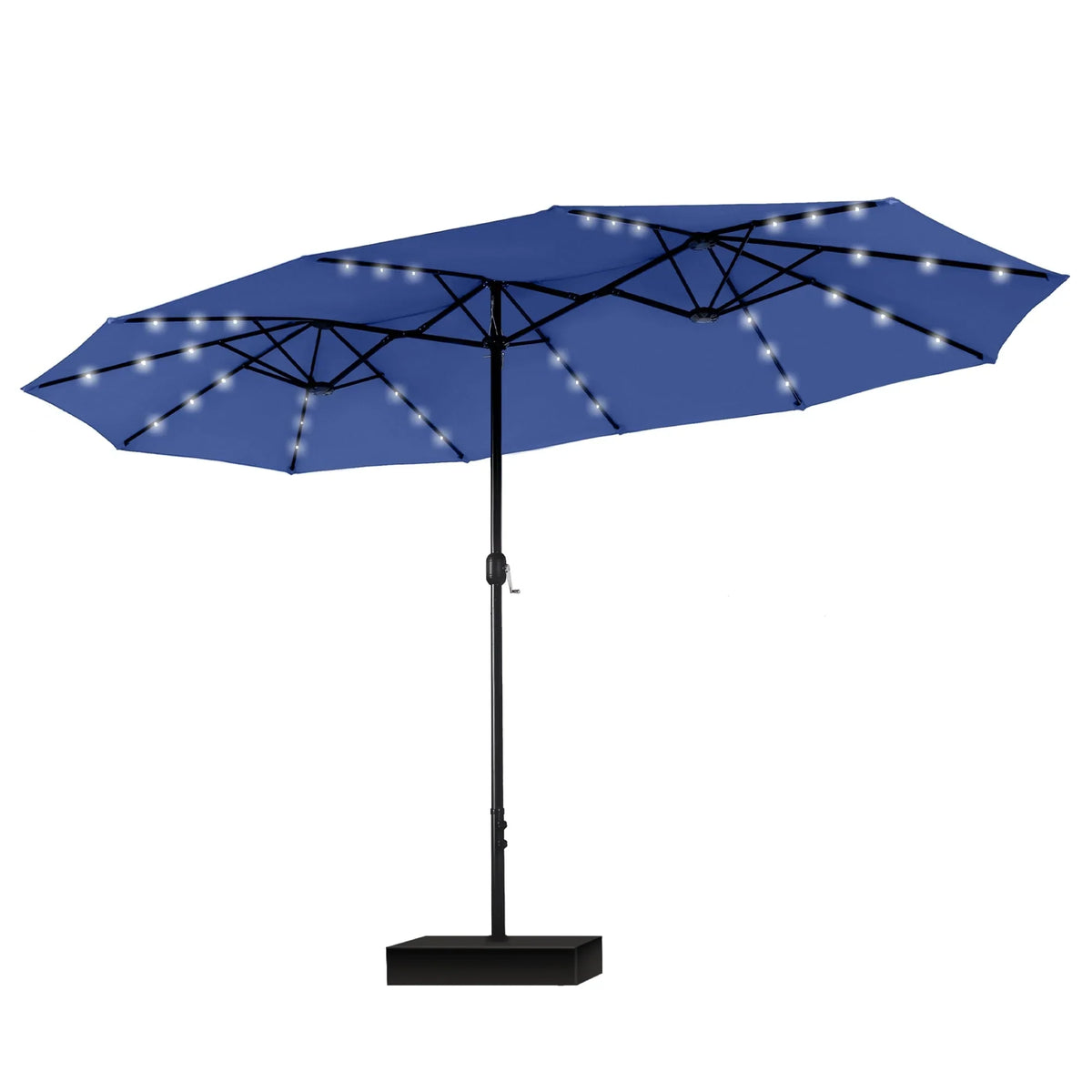 MAISON ARTS rechthoekige dubbelzijdige buitenparasol van 4,57 meter met slinger, zonnelampen en meegeleverde voet