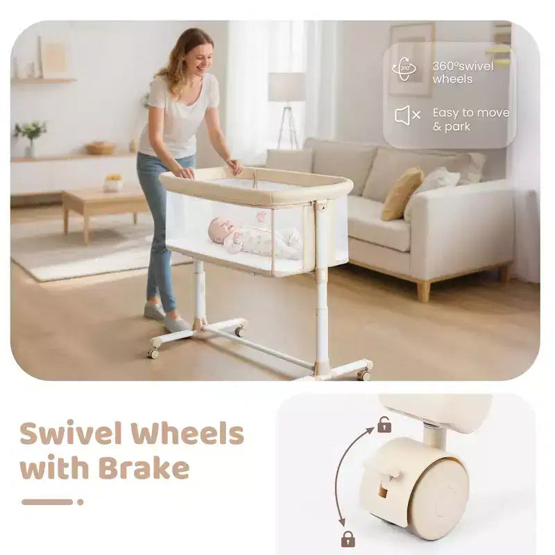 Babywiegje met wielen – beige / grijs / roze, wiegje naast het bed, voor 1 baby