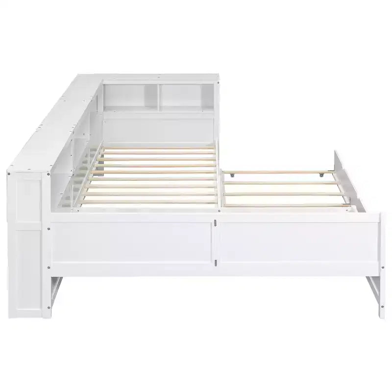 L-förmiges Plattformbett in Twin-Größe mit Ausziehbett und Ladestation, Holzbettrahmen mit Bücherregal