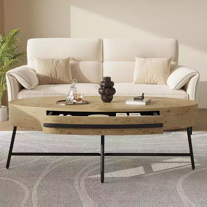 Acekool Oval Coffee Table with Drawer, 47.2 Wooden Storage Table with Cross Metal Legs  Mid-Century Modern Center Table in Natural & Golden Willow