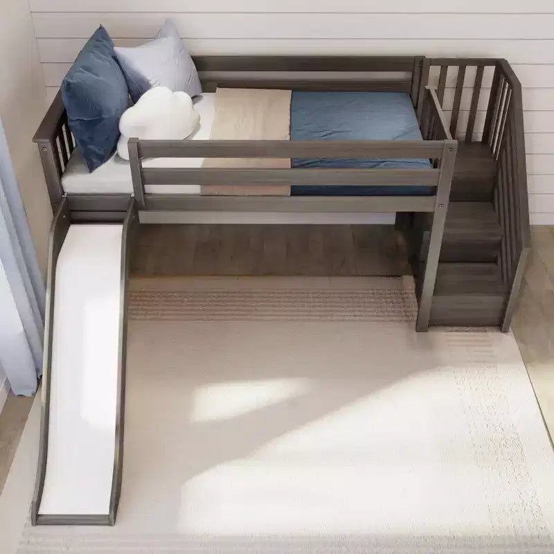 Letto basso rialzato singolo per bambini con scivolo e scaletta, in legno massello, 14 sponde di sicurezza, portata di 400 lb