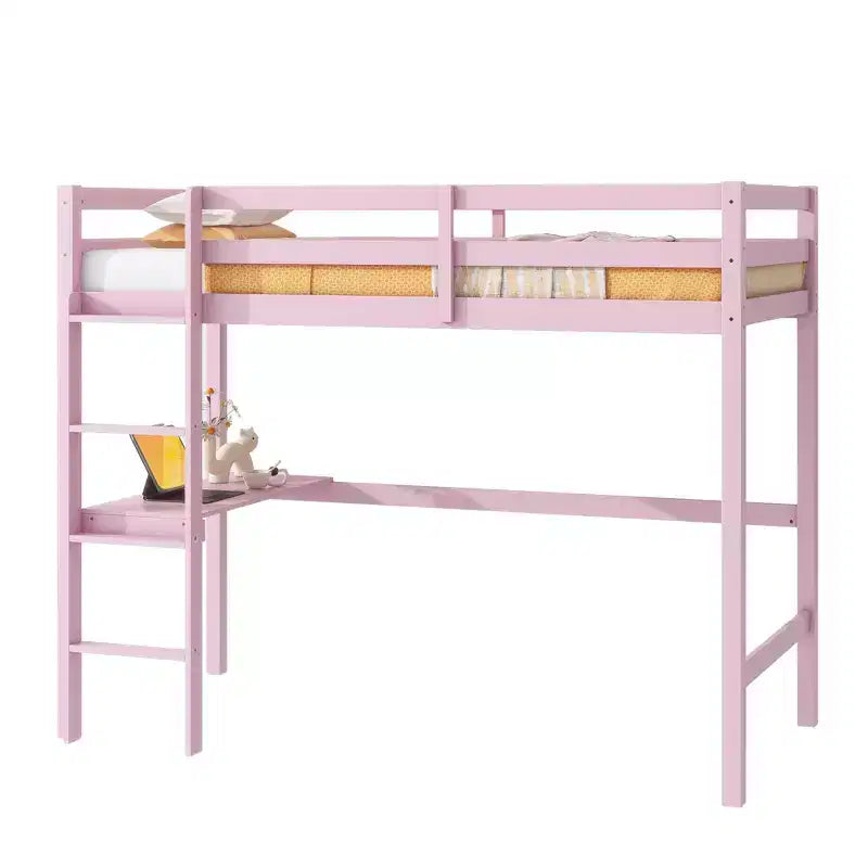 Okak Minimalism Loft Bed with Ladder, Rubber Wood Twin Loft Bed with Safety Guardrail and Build-In Desk, Bed Frames for Kids, Teenagers