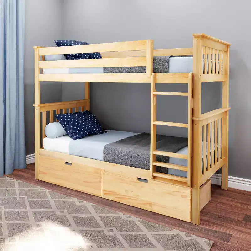 Etagenbett aus Massivholz, Einzelbett über Einzelbett, für Kinder mit Stauraumschubladen unter dem Bett