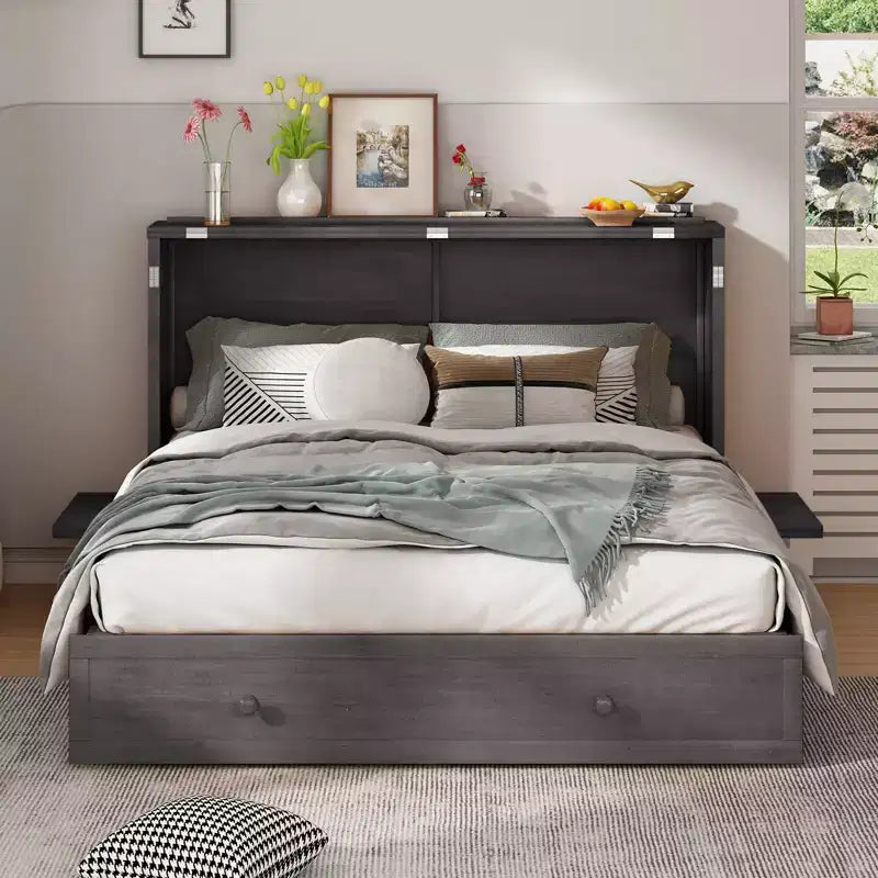 Cama abatible Mjkone tamaño queen, cama tipo armario cúbico con estación de carga y espacio de almacenamiento
