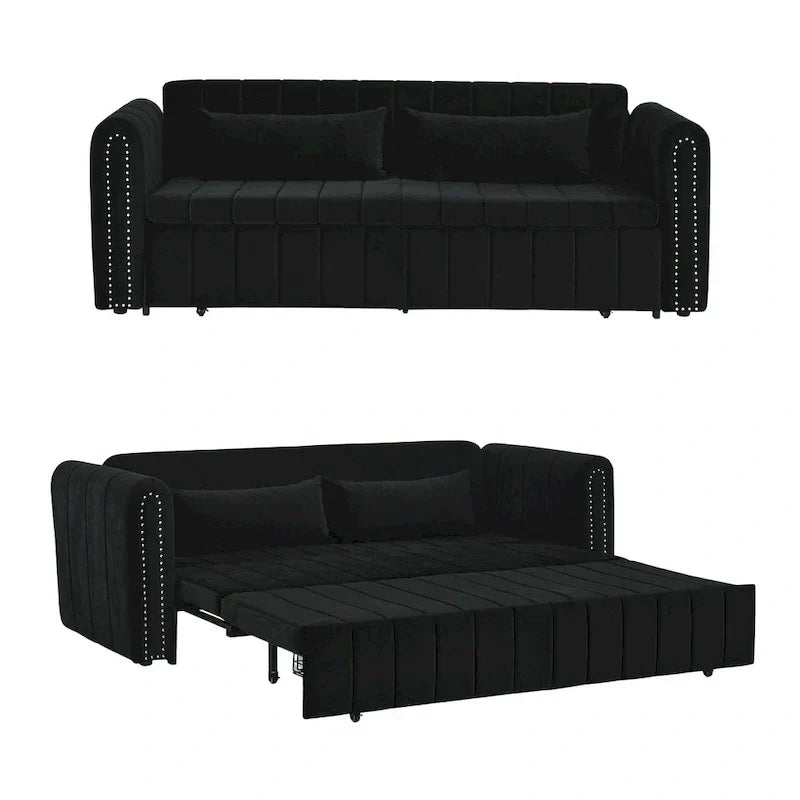 Canapé-lit lounge convertible moderne en velours, avec accoudoirs arrondis décorés de clous cuivrés