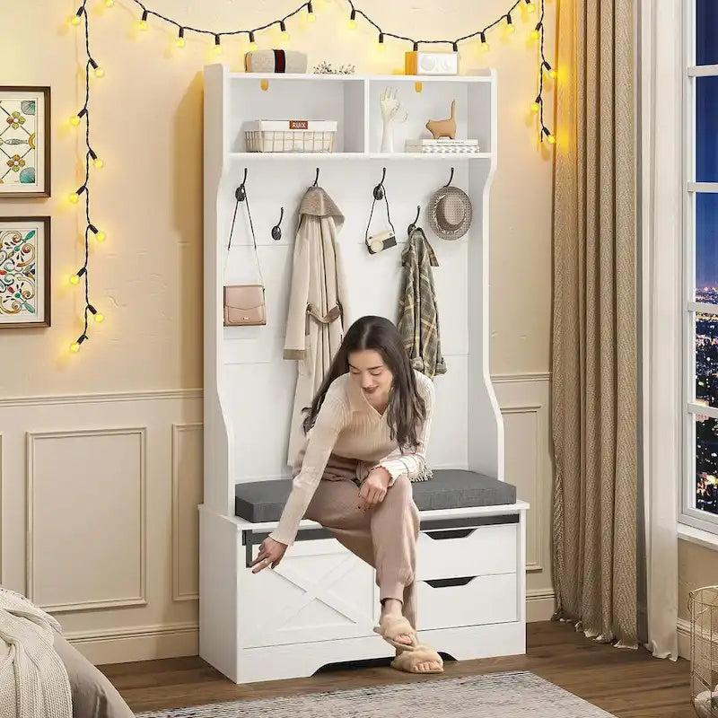 Vestiaire avec banc et rangement pour chaussures, portemanteau avec porte de grange