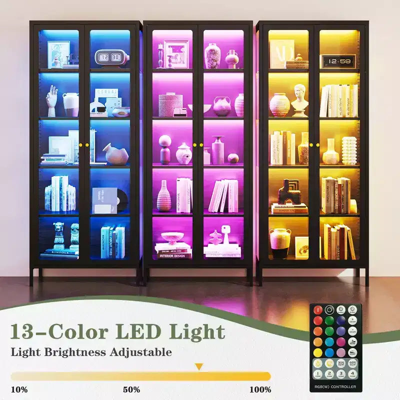 Bekrvio 67 inch hoge vitrinekast met glas aan 3 zijden en ledverlichting, 5 opberglagen met dubbele deuren en metalen frame voor verzamelobjecten, ideaal voor kleine ruimtes
