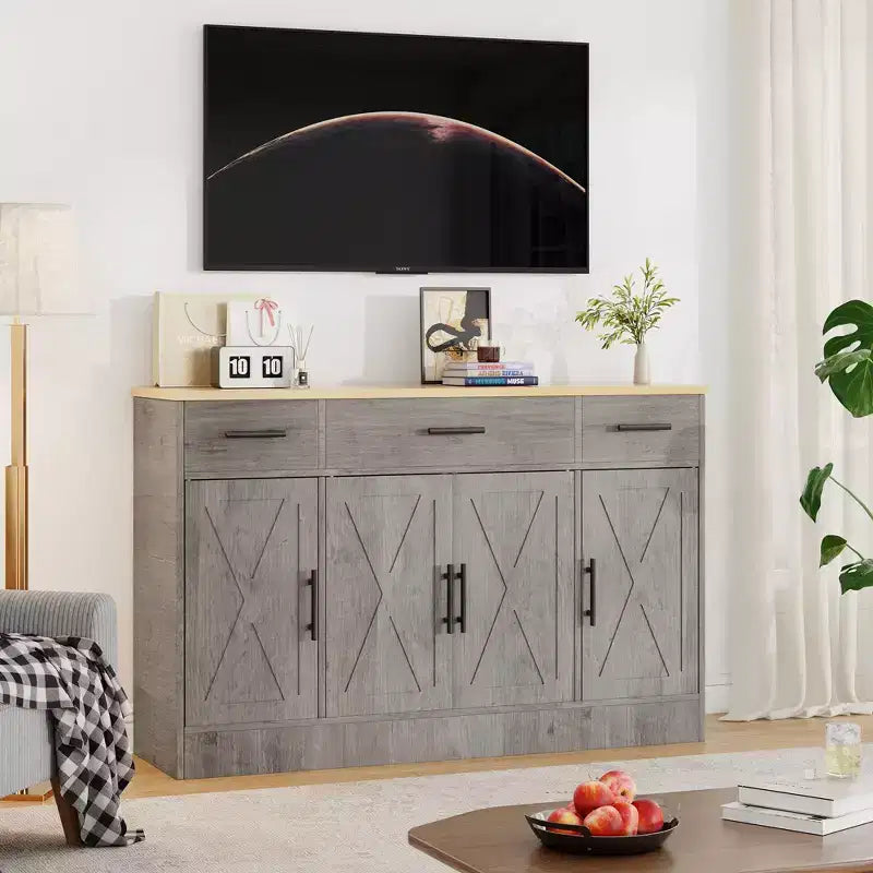 Celebalcony Buffet-Schrank mit Stauraum, 53,4 Zoll großer Küchenschrank mit 3 Schubladen und 4 Türen, verstellbarem Einlegeboden für Küche und Wohnzimmer