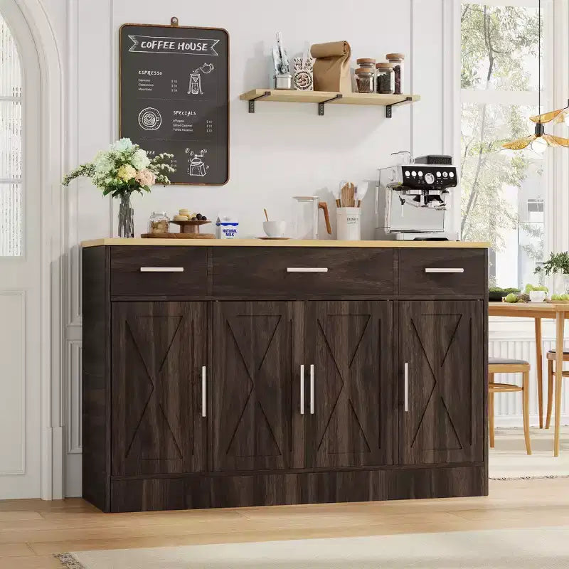 Celebalcony Buffet-Schrank mit Stauraum, 53,4 Zoll großer Küchenschrank mit 3 Schubladen und 4 Türen, verstellbarem Einlegeboden für Küche und Wohnzimmer