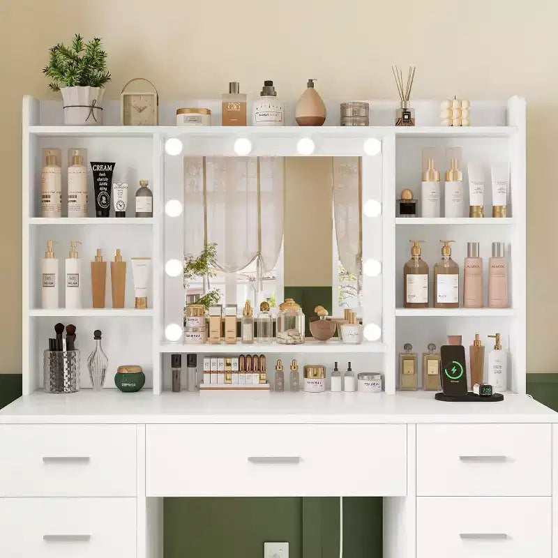 BALHAM TRADE-Vanity Desk with Mirror and Lights 9 Drawers 6 Shelves 3 Lighting Modes Adjustable Brightness