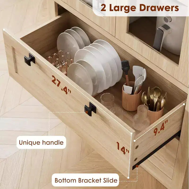 Farmhouse Kitchen Pantry Cabinet with Glass Doors, 72in Storage Cupboard with Drawers and Adjustable Shelves for Dining Room Bathroom Living Room
