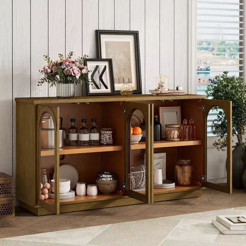 Grande buffet contenitore a 4 ante con ante in vetro, mobile ad arco con ripiani regolabili per la cucina