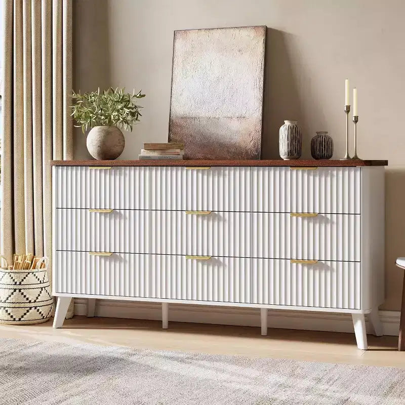 9 Drawers Fluted Dresser, Modern Chest, Wooden Dresser TV Stand, Curved Profile Design, for Living Room, Hallway