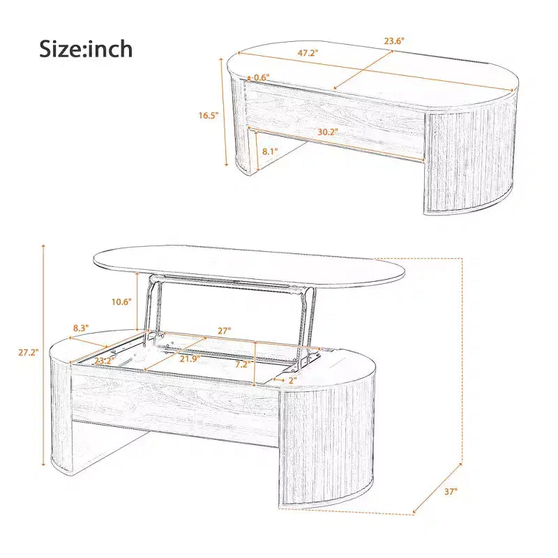 47.2 Lift Top Coffee Table with Hidden Compartment, Oval, Brown