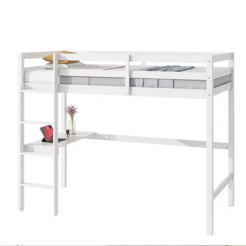 Okak Minimalism Loft Bed with Ladder, Rubber Wood Twin Loft Bed with Safety Guardrail and Build-In Desk, Bed Frames for Kids, Teenagers
