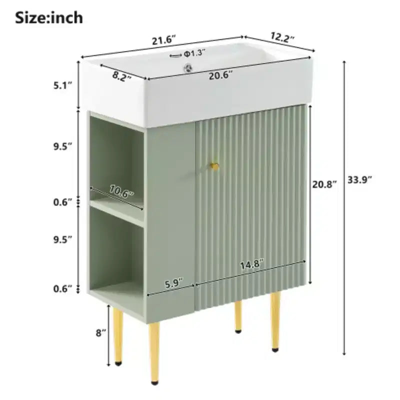 Meuble-lavabo de salle de bains blanc de 21,6, ensemble meuble, meuble de rangement de salle de bains, lavabo simple en céramique, rangement à gauche