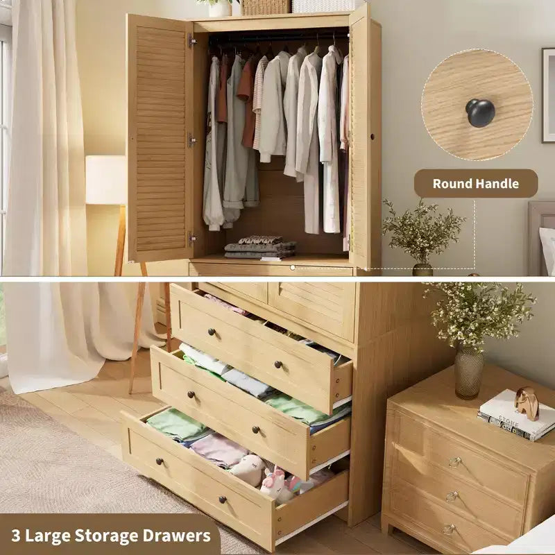 Armoire-penderie COZONY avec 3 tiroirs et 2 portes, meuble de rangement moderne en bois pour chambre, grande armoire blanche sur pied